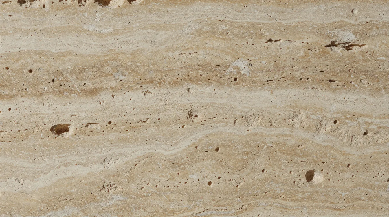 A close-up view of a natural travertine stone surface reveals warm cream and tan tones, showcasing its porous nature with visible pores and intricate veining patterns. This sedimentary rock, often used in flooring and outdoor spaces, highlights the unique formations created by mineral springs and volcanic activity.