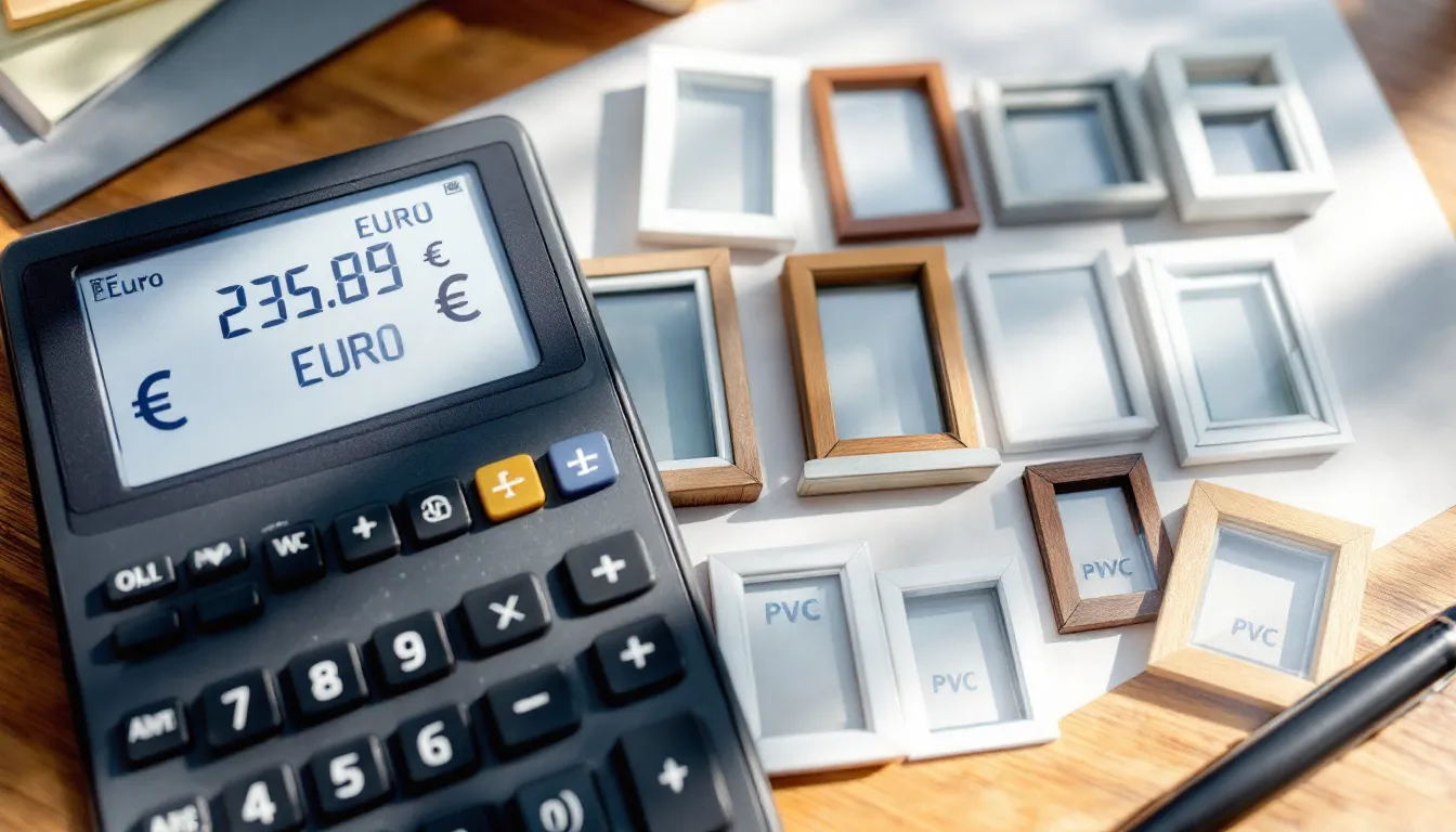 Een calculator toont eurorekeningen die de kosten van nieuwe kunststof kozijnen symboliseren, met aandacht voor de gemiddelde prijzen en de totale kosten, inclusief montage. De afbeelding illustreert hoe het vergelijken van kunststof kozijnen prijzen kan helpen bij het maken van een weloverwogen keuze voor energiebesparende maatregelen in een vrijstaande woning.