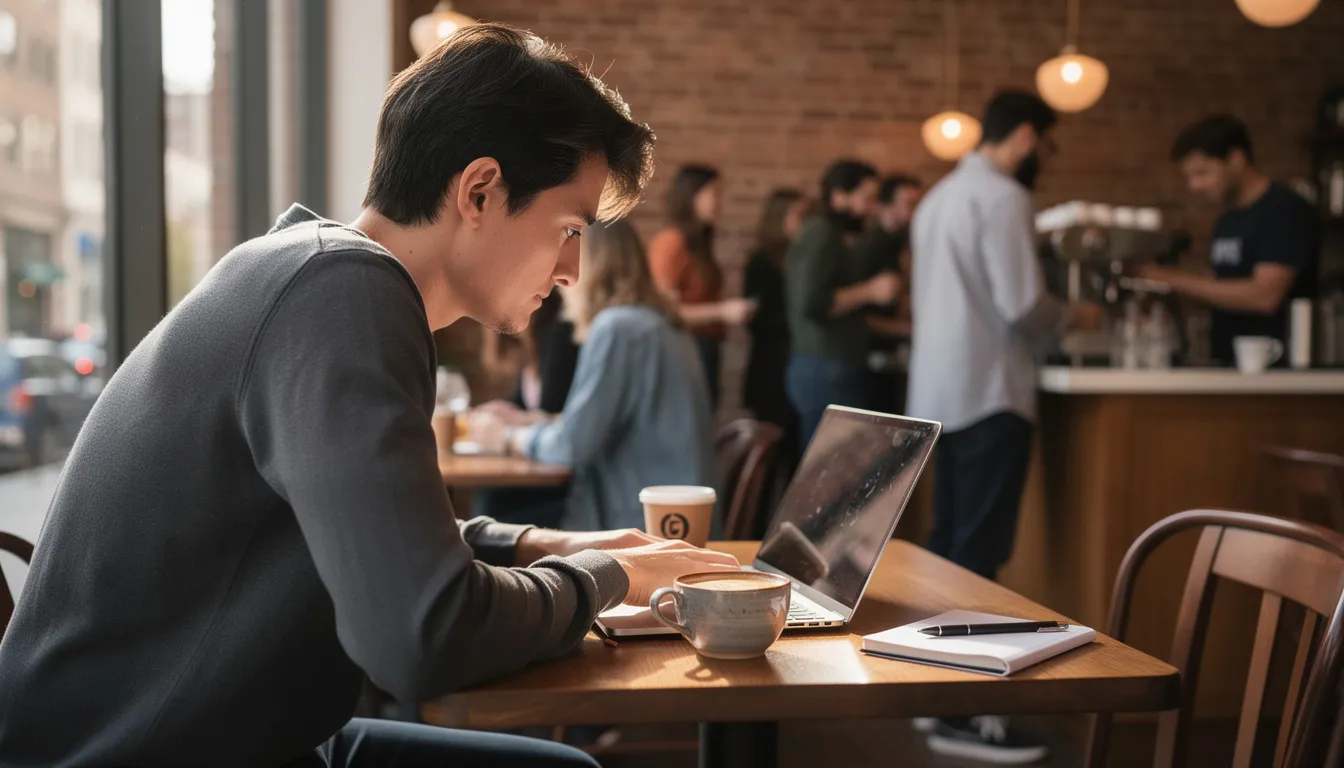 A person is focused on their laptop in a bustling coffee shop, surrounded by other customers engaged in conversation and enjoying their drinks. The scene captures the lively atmosphere of the café, where the individual is likely using a VPN service to ensure private internet access while working.