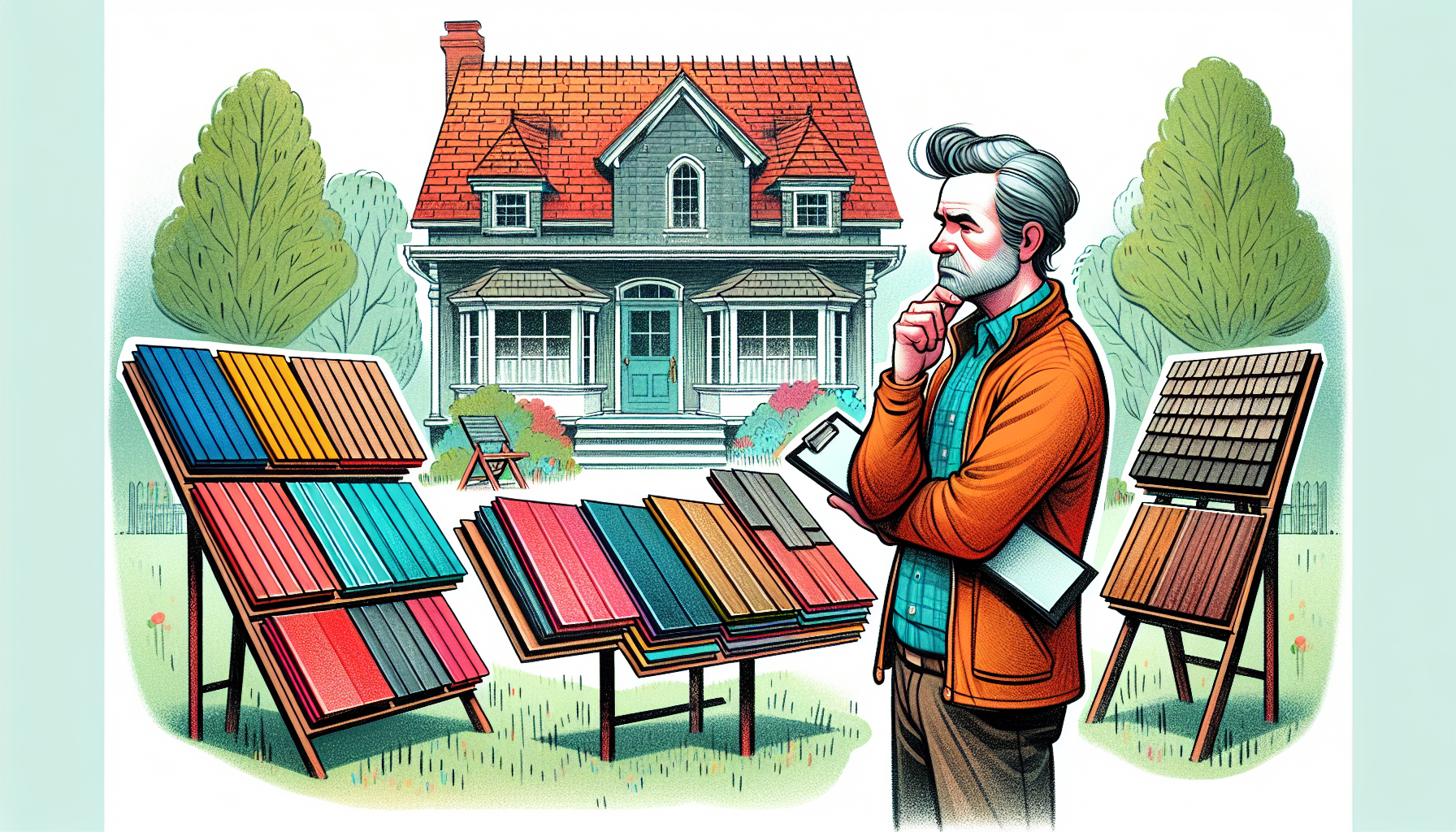 An illustration of a homeowner considering different roofing materials for their home, focusing on the right choice.