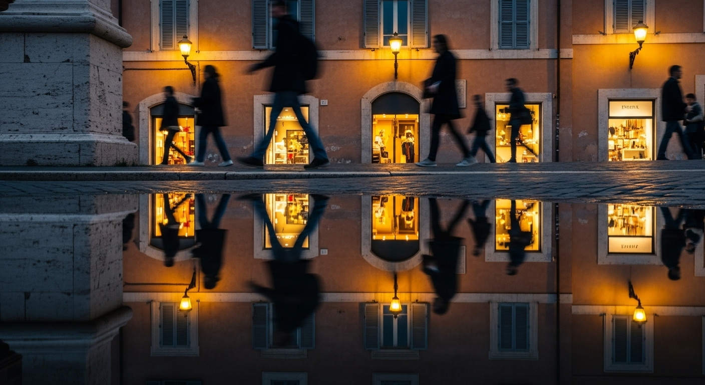 Evening reflections of people strolling slowly through Rome, with warm streetlights and historic architecture creating a calm and rhythmic passeggiata atmosphere.