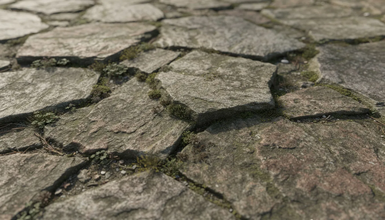 La imagen muestra una superficie de piedra desgastada, exhibiendo grietas naturales y patrones orgánicos de musgo que encarnan los principios del arte wabi sabi, celebrando la belleza de la imperfección y la transitoriedad. Esta obra texturizada refleja la esencia del envejecimiento natural y la belleza sutil encontrada en la simplicidad, convirtiéndola en una pieza perfecta para la decoración minimalista.