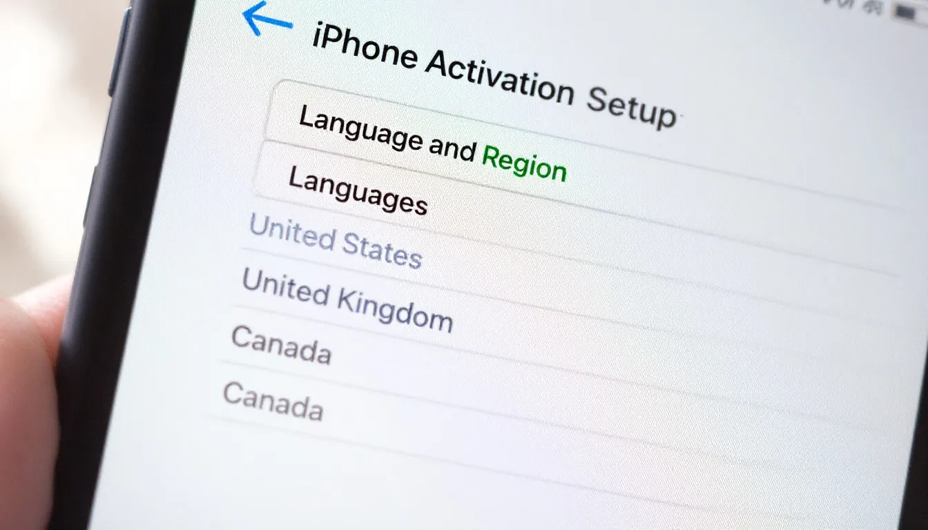 The image shows the activation setup screen of a new iPhone, featuring prompts for selecting language and region, essential steps for activating a new device on the Verizon network. Users can proceed to set up their new phone by choosing their preferences to complete the setup process.