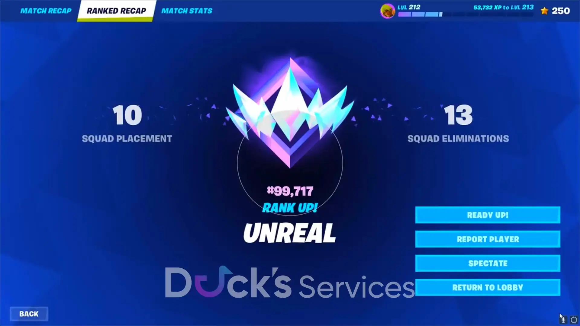 Screenshot of unreal rankup with our Fortnite Hack