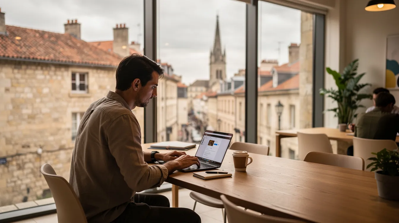 A person is focused on their laptop in a bright, modern coworking space, with large windows providing a panoramic view of a European cityscape, possibly featuring the capital of Estonia, Tallinn. The environment is designed for business and collaboration, highlighting the importance of staying connected in today's global world.