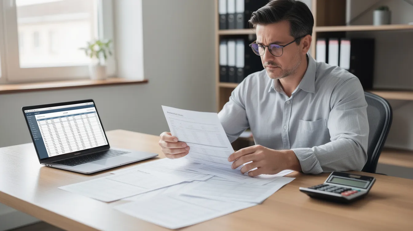 e2c155d5 c9d4 4139 a001 e4fccdba0c23 A small business owner is seated at a desk, intently reviewing financial documents including bank statements and a business plan, while using a laptop and calculator to assess their repayment capacity for a potential mudra loan application. The setting reflects a focus on managing business transactions and preparing for loan approval from a bank or financial institution.