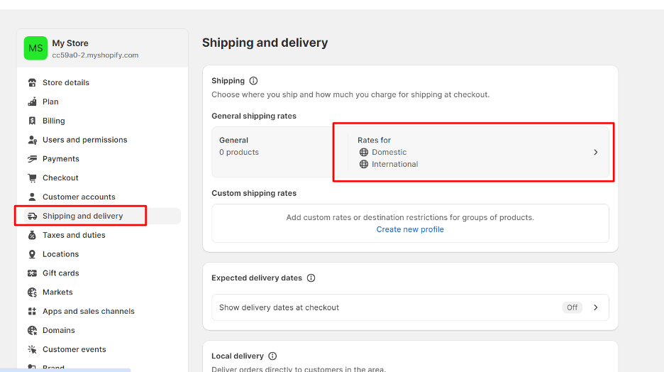 Shopify dashboard - Shipping and delivery settings