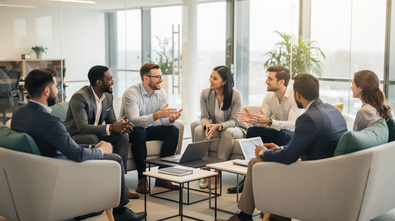 Un groupe de professionnels est assis en cercle dans un espace de travail moderne, engagés dans une discussion collaborative sur le développement des compétences et la mise en œuvre d'un plan d'action. Cette réunion met en avant le leadership et la communication au sein de l'équipe pour favoriser la croissance et l'évolution des projets de l'entreprise.