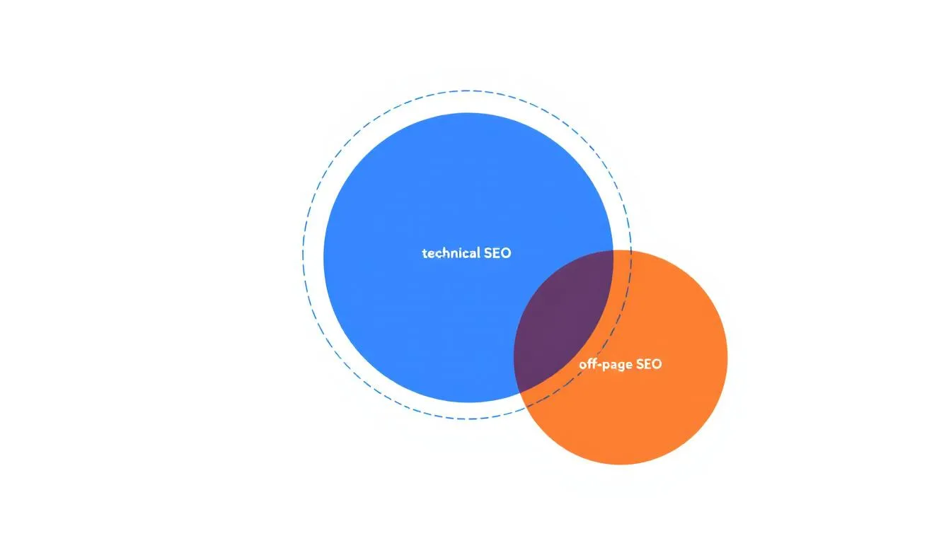 The image features three interconnected circles symbolizing the core pillars of search engine optimization (SEO): technical SEO, on-page SEO, and off-page SEO. Each circle represents essential components that help improve a website's visibility and search rankings on search engine results pages.