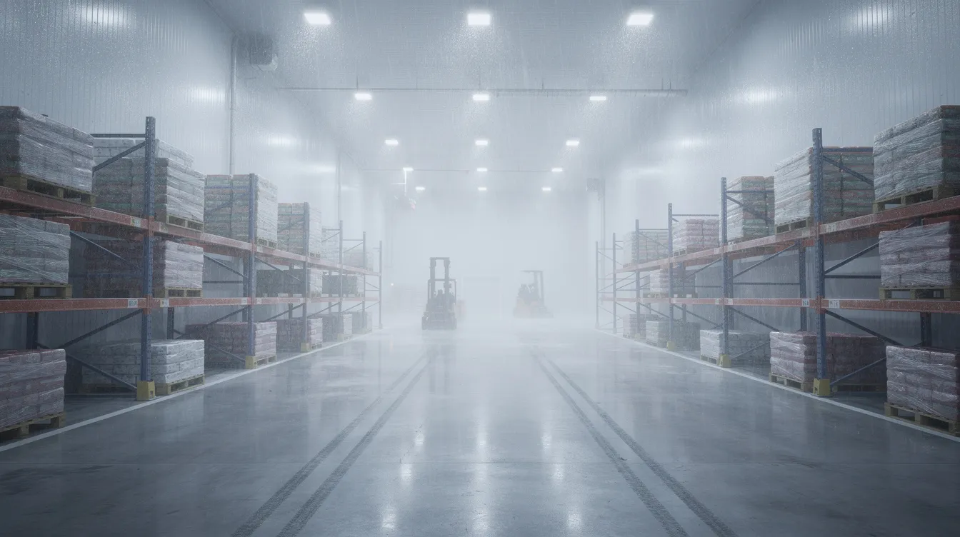 e2c2f2c4 8f13 415f 9db4 d73b84963712 The image depicts a large cold storage facility featuring frosted walls and organized pallets filled with frozen products, essential for ice cream manufacturing. This facility plays a crucial role in maintaining the cold chain infrastructure necessary for food safety standards in the ice cream market.