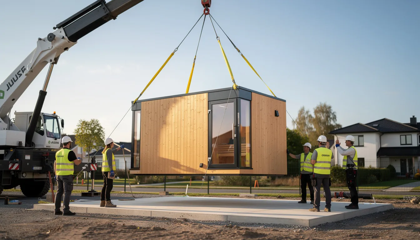 The image depicts a professional installation team using a crane to carefully position a complete prefab sauna unit at a designated site, showcasing the precision involved in the installation process of outdoor saunas. This scene highlights the advantages of prefab saunas, such as superior construction techniques and immediate usability.