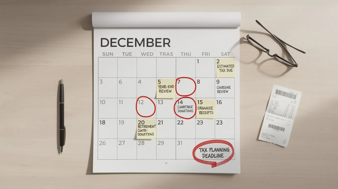 The image depicts a calendar page for December, featuring various deadline markers and handwritten notes related to tax planning, including reminders about tax credits and strategies to reduce taxable income for the upcoming tax year. It serves as a visual aid for business owners and tax professionals to manage their corporate tax obligations effectively.