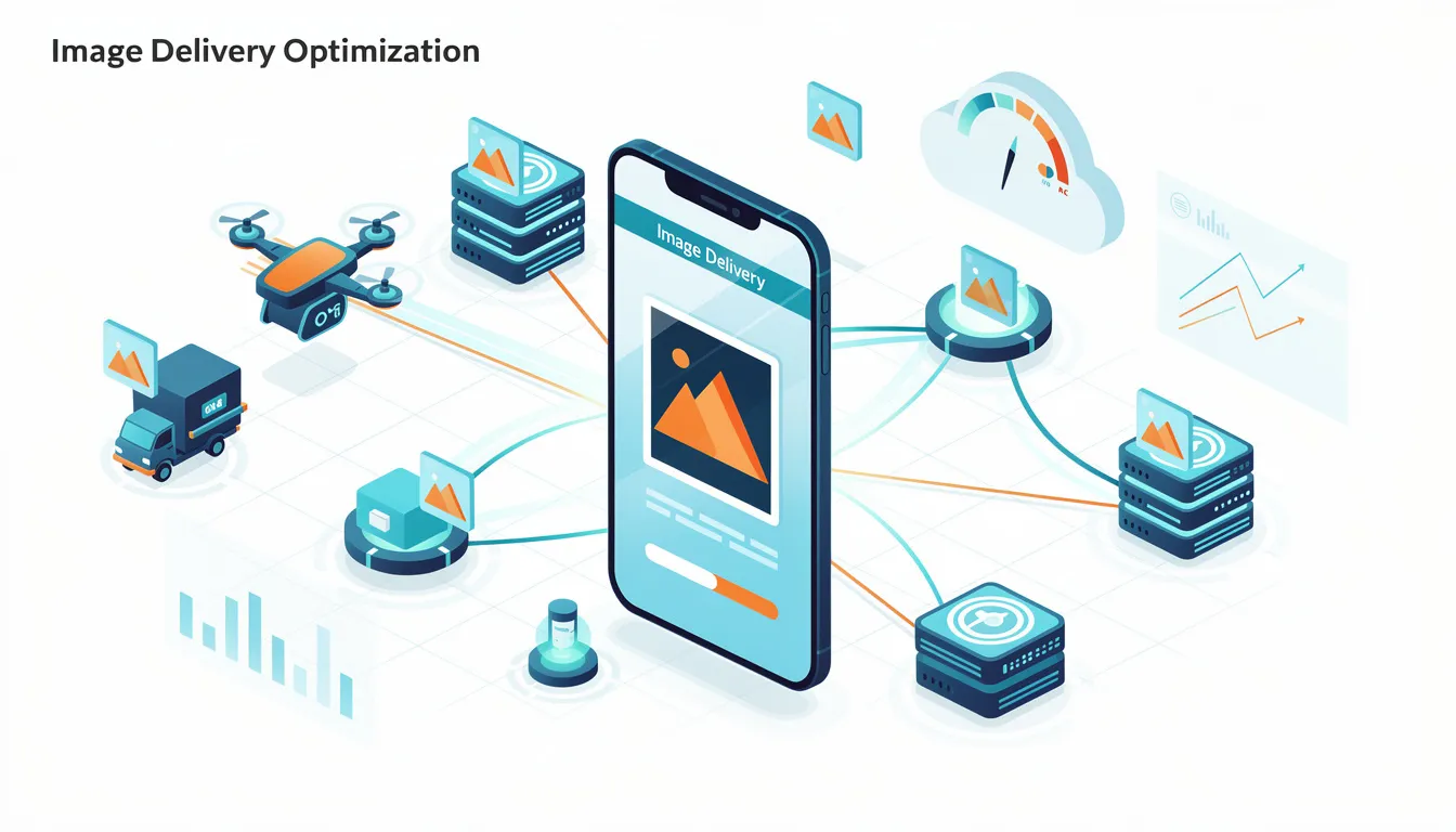 The image illustrates various techniques for image delivery optimization, including the use of alt text, image sitemaps, and responsive images to enhance image SEO. It highlights the importance of optimizing image file sizes and formats for improved site speed and search engine visibility.