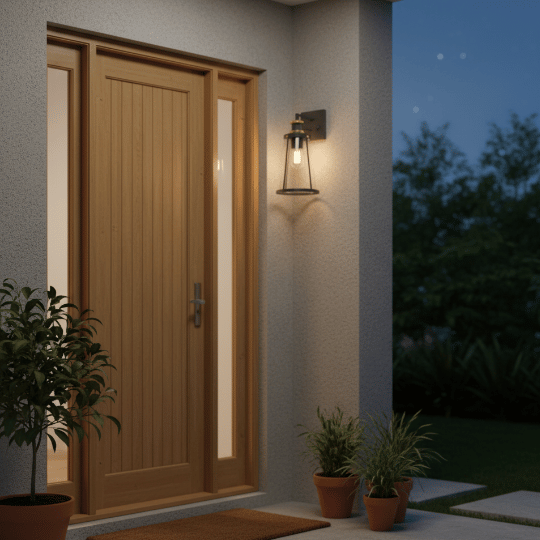 Black metal industrial entryway lighting fixture with glass enclosure.