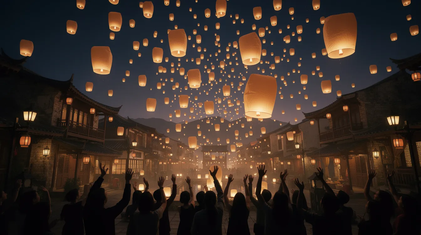A imagem mostra milhares de lanternas de papel iluminadas subindo no céu noturno sobre uma cidade antiga, enquanto silhuetas de pessoas erguem as mãos para soltá-las. Este espetáculo encantador evoca a atmosfera mágica da Tailândia, repleta de tradições e celebrações culturais.