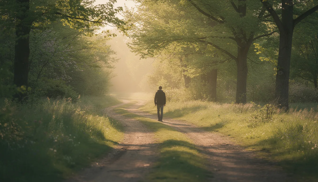 A person is walking alone on a winding nature path, heading towards the warm glow of distant sunlight, symbolizing hope and the journey towards mental health recovery. This serene scene reflects the importance of nature in healing and the support systems available for those facing mental health conditions.