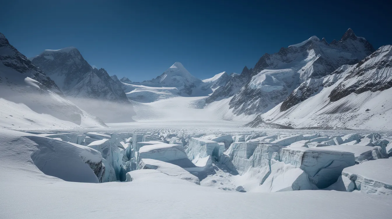 Die Bildbeschreibung zeigt eine weite, eisige Gletscherlandschaft, umgeben von dramatischen Bergen unter einem tiefblauen Himmel, die eine majestätische und unberührte Natur darstellen. Diese Szenerie könnte als Kulisse für einen Science-Fiction-Film wie "Interstellar" dienen, der Themen wie das Überleben der Menschheit und die Erkundung des Universums behandelt.