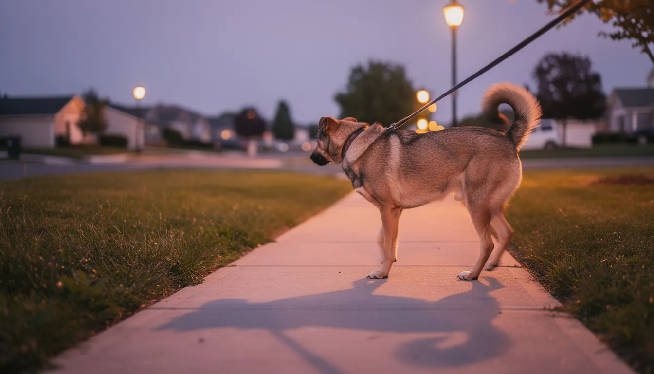 A dog on a leash is walking along a sidewalk next to a grassy area at dusk, enjoying the peaceful evening atmosphere. This scene captures the essence of pet-friendly accommodations, perfect for travelers seeking dog-friendly hotels in Fredericksburg, VA, such as the Hilton Garden Inn or Richard Johnston Inn.