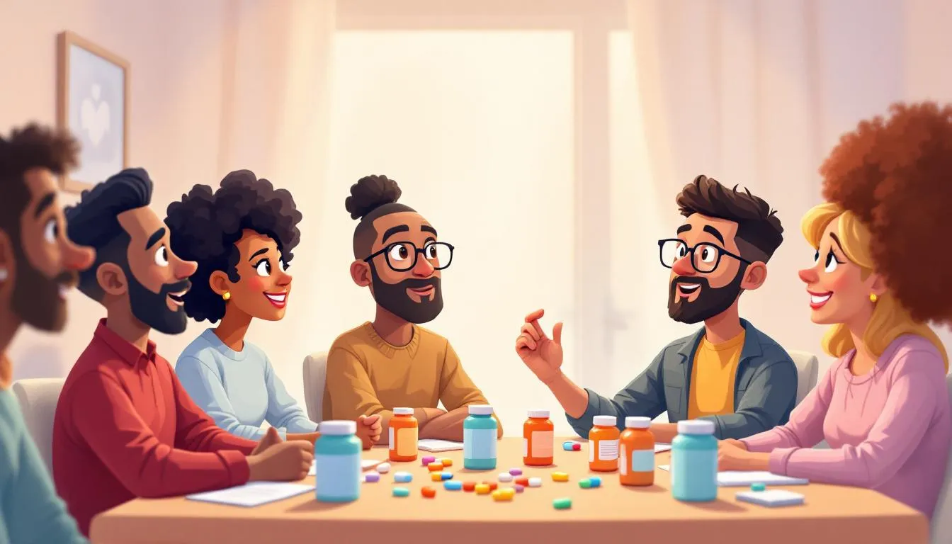 A diverse group of individuals, representing different ages and backgrounds, discussing dietary supplements.