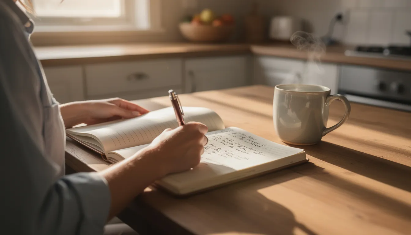 A person is sitting at a kitchen table, writing notes in a notebook while bathed in warm morning light. This scene captures a moment of focus and creativity, emphasizing the importance of supporting a child's development through activities that encourage fine motor skills and coordination at their own pace.