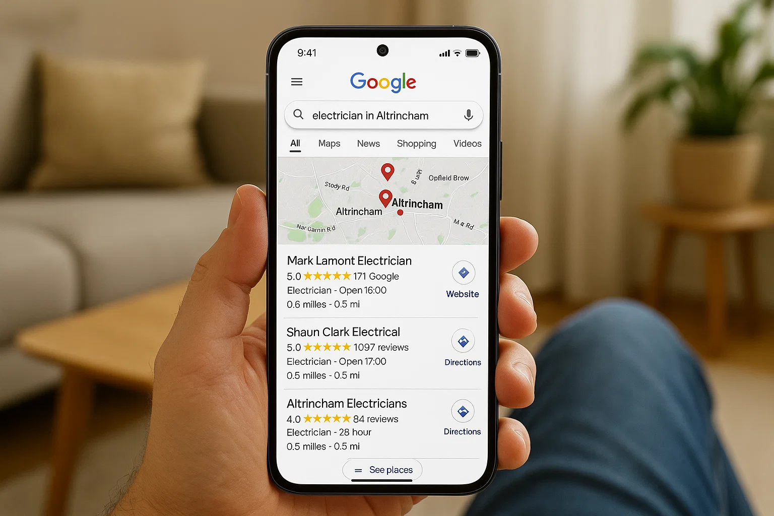 Homeowner searching for a local electrician on Google.