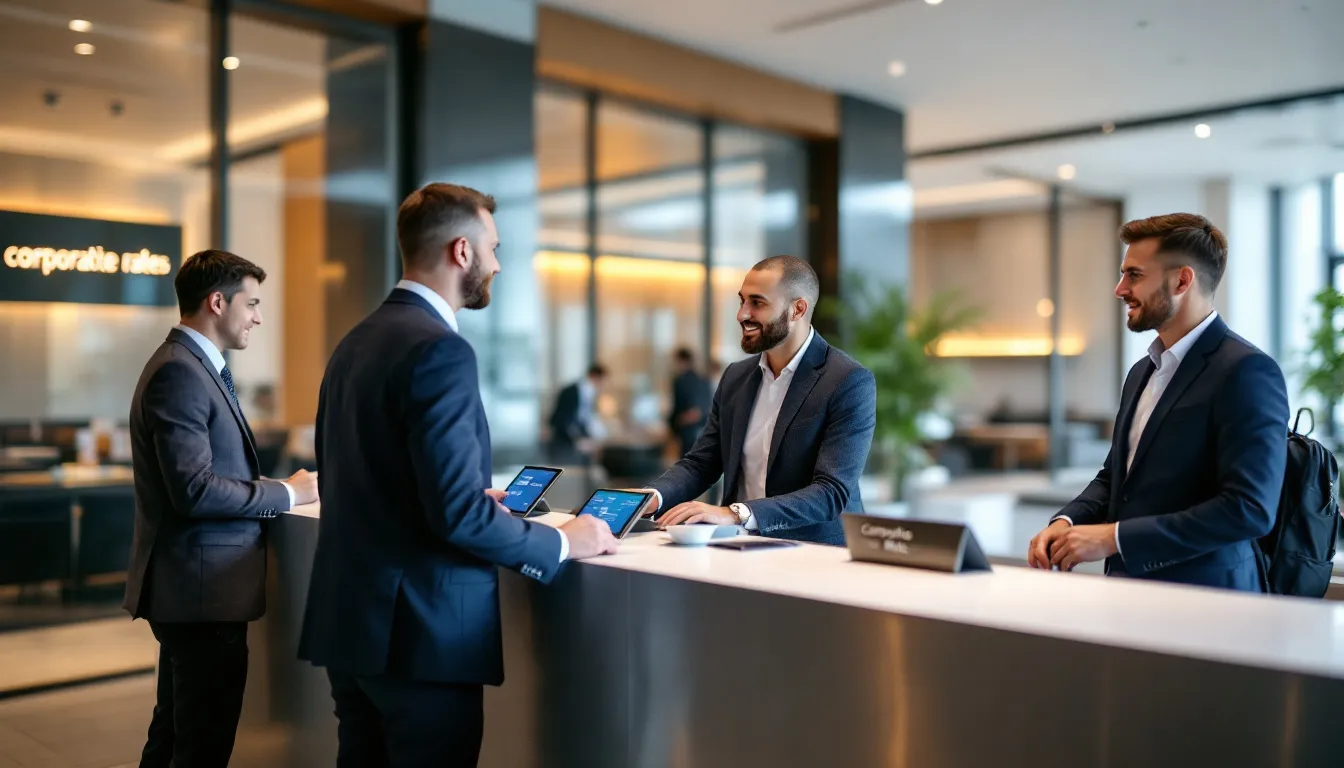 In the image, business travelers are checking in at a modern hotel front desk, where digital displays showcase various corporate rates. This scene highlights the importance of effective hotel revenue management strategies in the hospitality industry, particularly for maximizing revenue through dynamic pricing and targeted guest services.