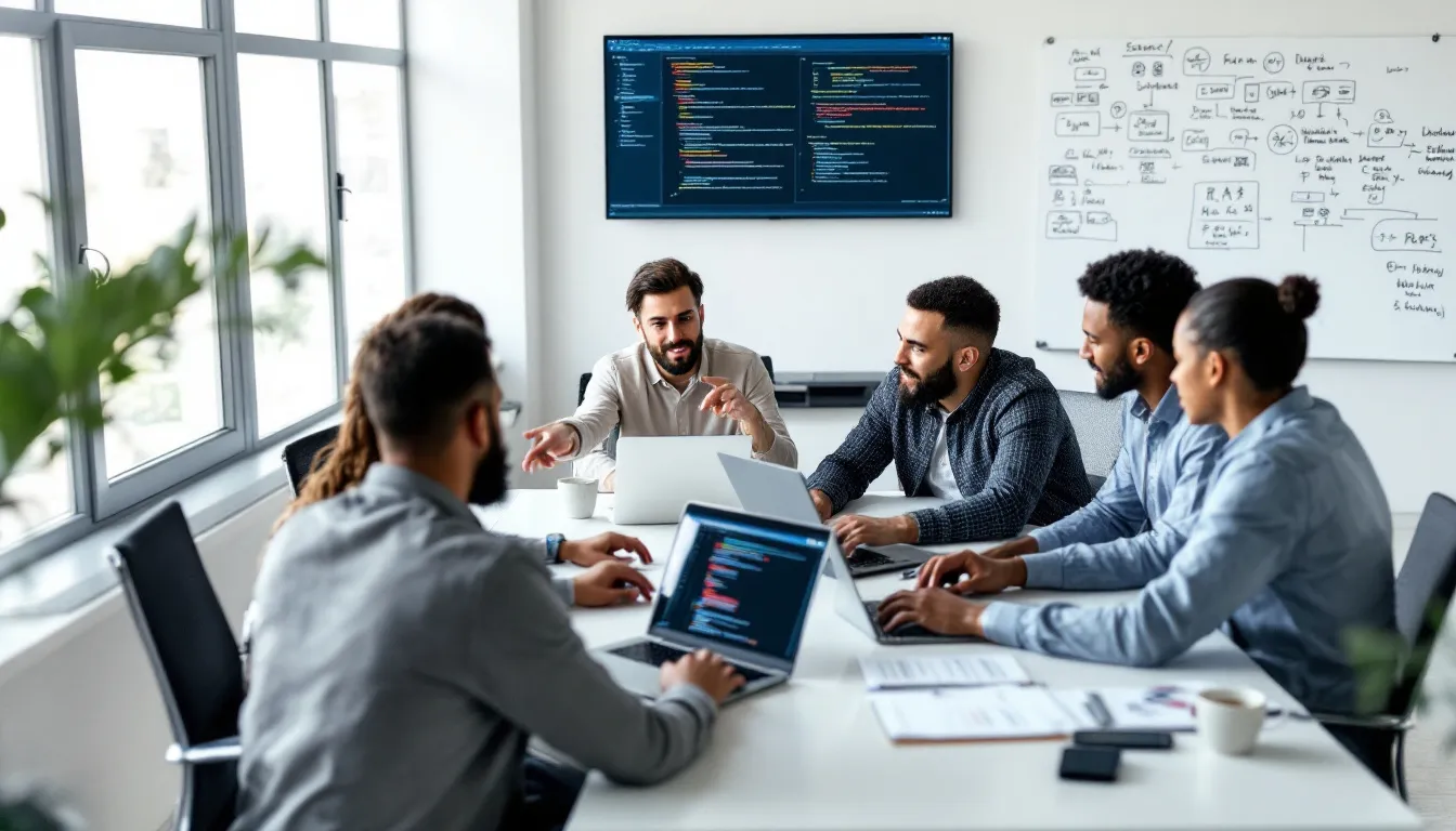 In the image, a diverse team collaborates around laptops, discussing data integration workflows using a user-friendly interface. They are focused on leveraging the matillion data productivity cloud for seamless integration and data transformation, enhancing operational efficiency in cloud environments.