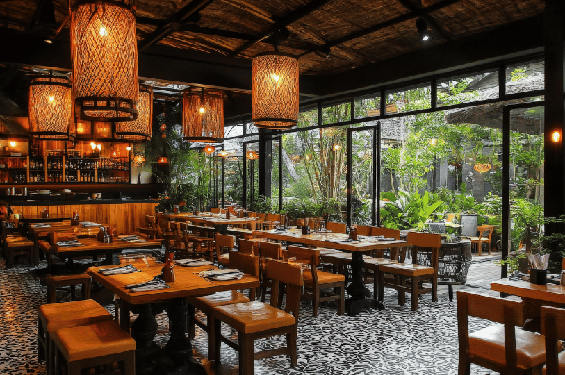 A high-angle interior shot of a modern, well-lit restaurant in Singapore with wooden tables and warm hanging lamps, showcasing the physical business behind the digital rankings.