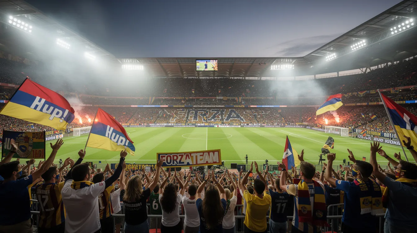 Een druk voetbalstadion met enthousiaste supporters op de tribunes, die hun favoriete team, de Nijmeegse club NEC, aanmoedigen. De sfeer is electrisch, met vlaggen en gezang van de fans die de passie voor het spel uitstralen.