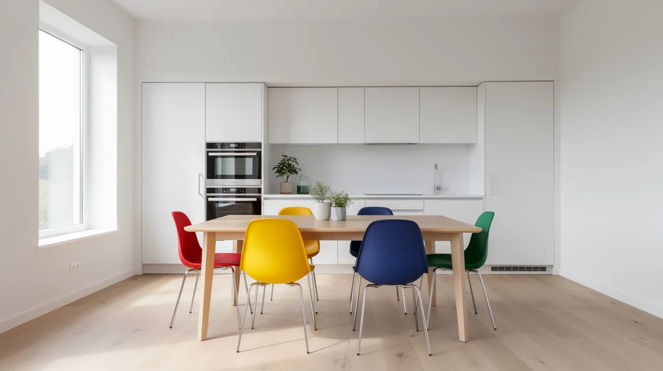 Ett modernt kök med vita väggar och ett ljust trämatbord, omgiven av färgglada plaststolar i dansk design, inspirerade av formgivare som Verner Panton och Arne Jacobsen. Rummet utstrålar en funktionell och stilren atmosfär, perfekt för både vardag och fest.