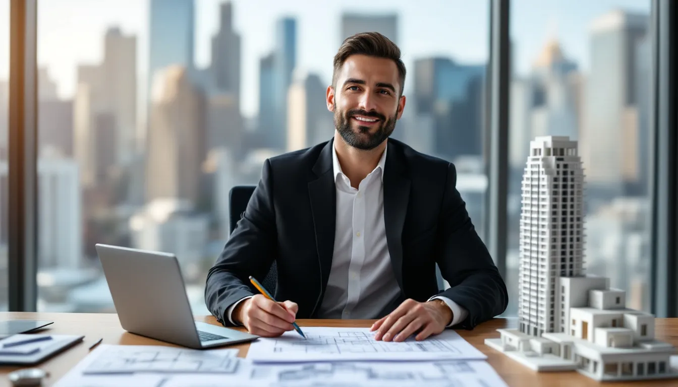 A professional architect is depicted balancing their time between commercial projects and personal passion projects, showcasing their technical skills and specialized expertise. This image emphasizes the importance of career development and innovation in the architecture industry, reflecting both the challenges and personal fulfillment found in diverse architectural endeavors.