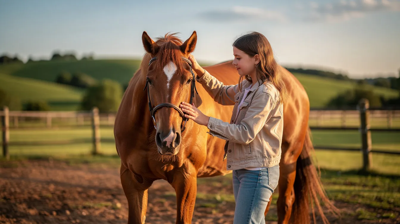 A teenager is gently interacting with a horse in an outdoor paddock, surrounded by lush green hills, which symbolizes the importance of nurturing healthy relationships and promoting mental health for students. This serene scene highlights the positive impact of animals on emotional well-being and the need for supportive environments in education.