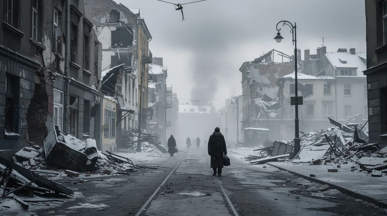 Na zniszczonej warszawskiej ulicy pokrytej gruzami budynków w zimowej scenerii, widać pojedyncze sylwetki ludzi idących wzdłuż ruin pod szarym niebem. Obraz ten przypomina o trudnych czasach II wojny światowej, kiedy rodzina asiuni musiała walczyć o przetrwanie w okupowanej Warszawie.