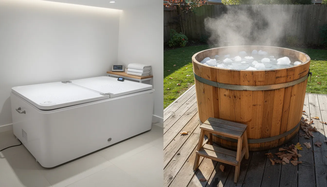 The image compares an indoor covered cold plunge setup with an outdoor uncovered barrel, showcasing the two different environments for cold water exposure. The indoor option emphasizes convenience and privacy, while the outdoor barrel highlights a more natural setting for total body dips and cold immersion.