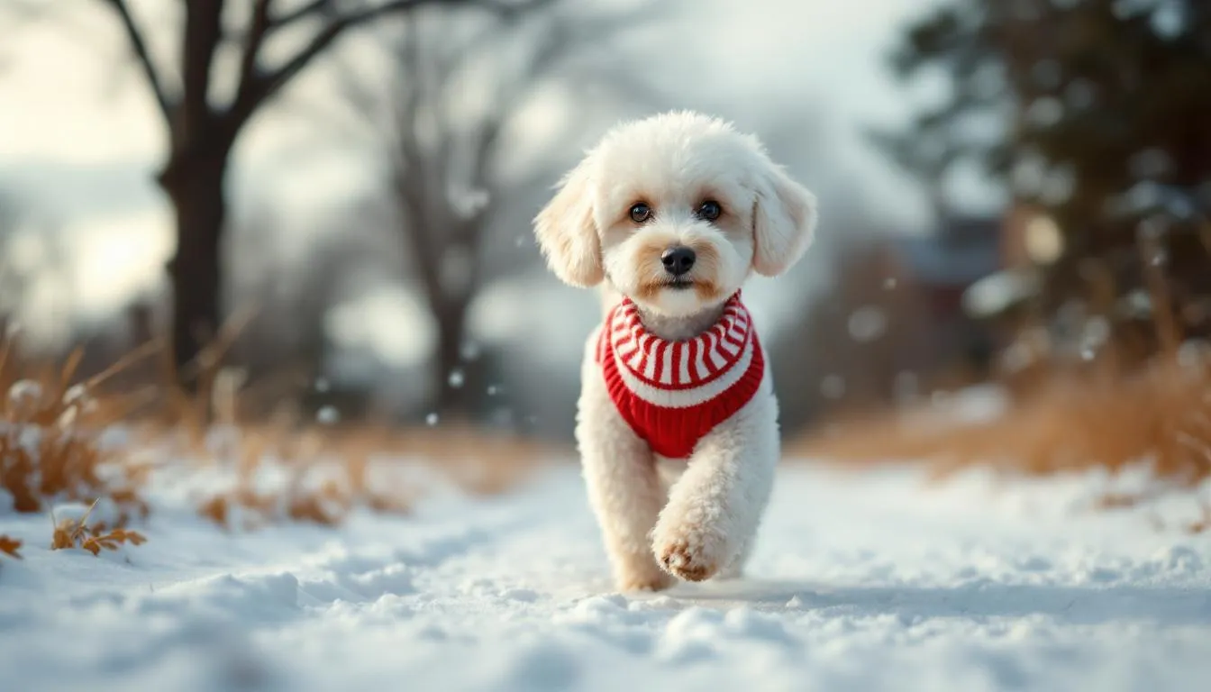 A toy poodle wearing a cozy sweater is enjoying a winter walk, showcasing its typical curly coat and playful demeanor. The small breed is a beloved companion dog, known for its intelligence and charm.