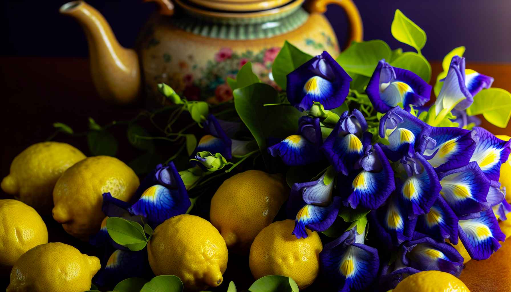 Assortment of fresh butterfly pea flowers, lemons, and a teapot