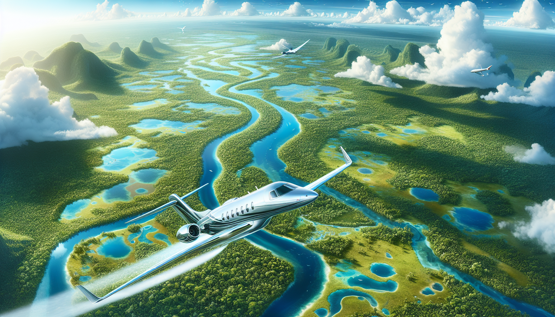 Illustration of a private jet flying over a scenic nature preserve accessible from Sunnyvale