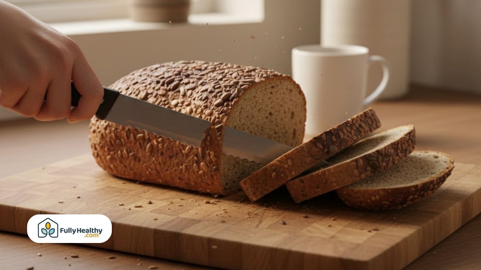 Hand slicing a loaf of bread with a bread knife on a wooden cutting board in a kitchen.