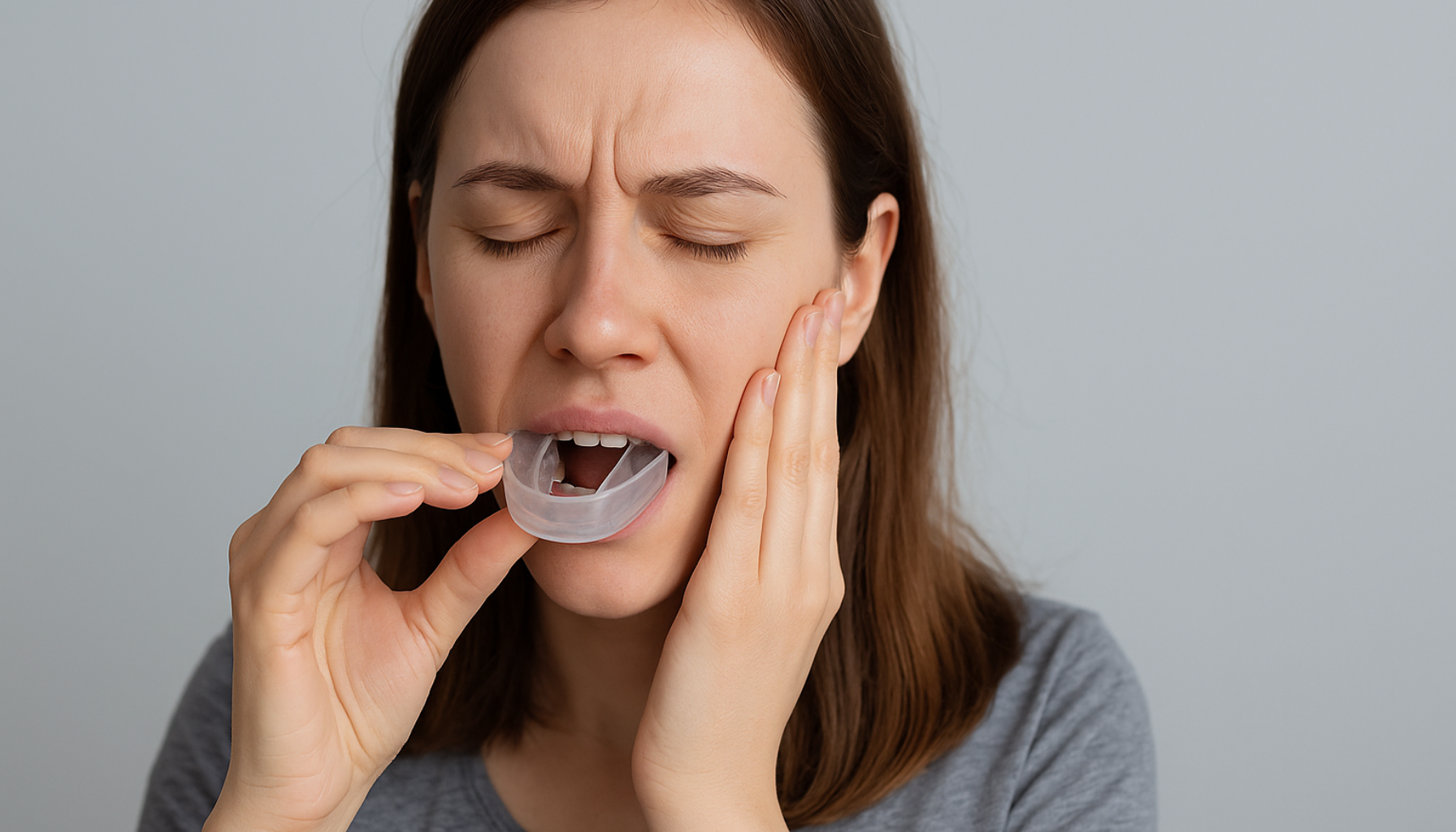 Kvinne setter inn bittskinne i munnen mens hun holder hånden mot kjeven for smerte og beskyttelse.
