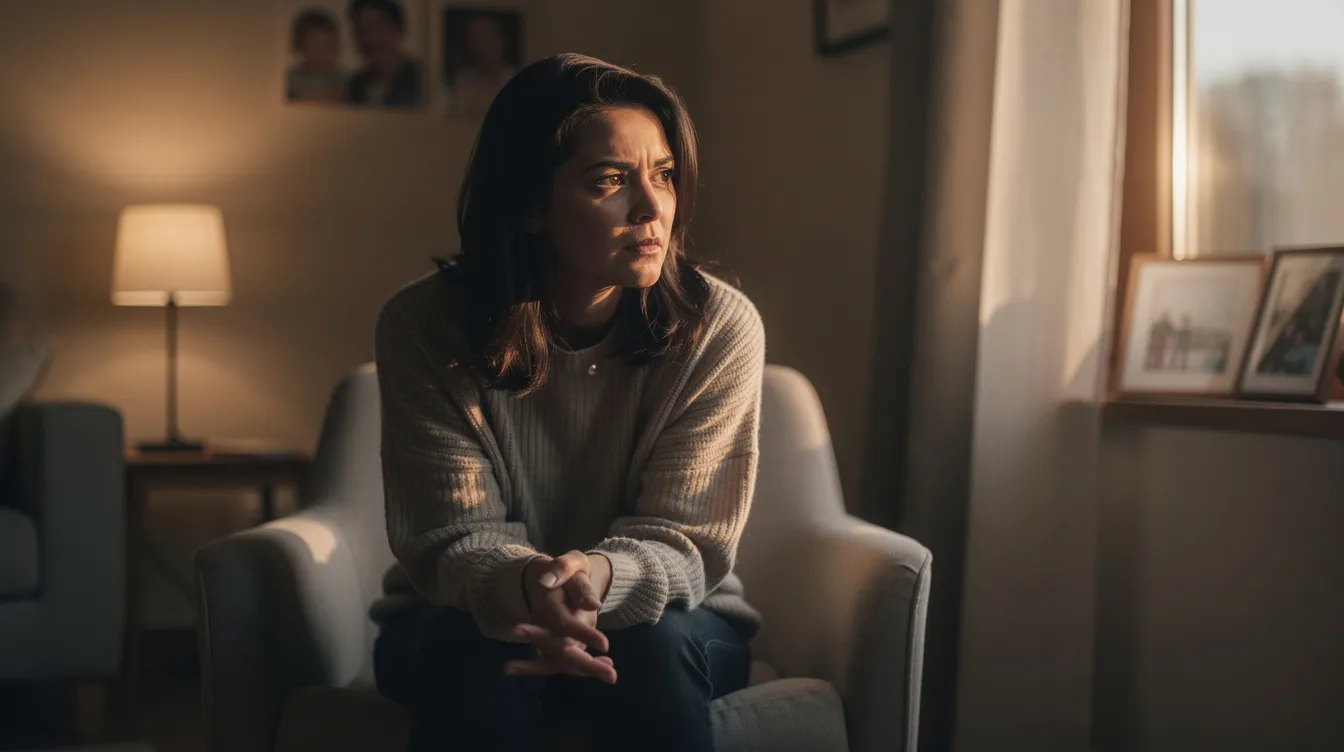 A contemplative mother sits alone in a softly lit room, reflecting on her experiences with childbirth and the potential risks associated with labor and delivery complications, including severe birth injuries. The warm light creates a serene atmosphere as she considers the emotional and physical impacts of giving birth.