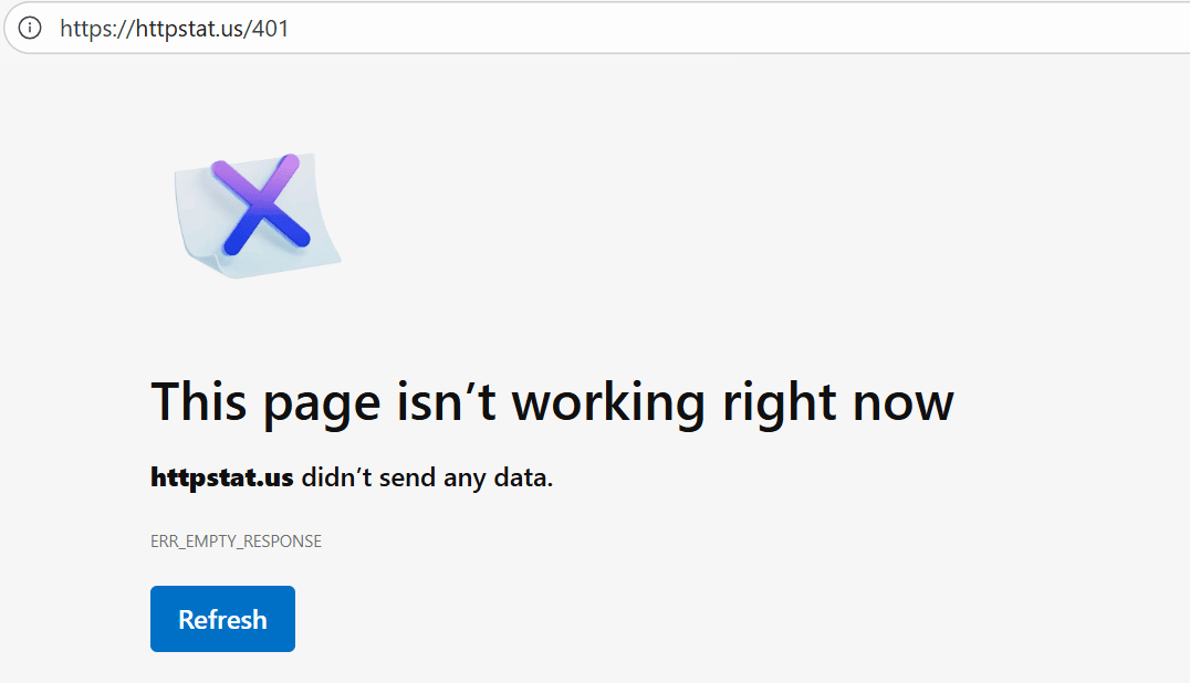 Browser page showing a 401 error message saying the site isn’t responding.