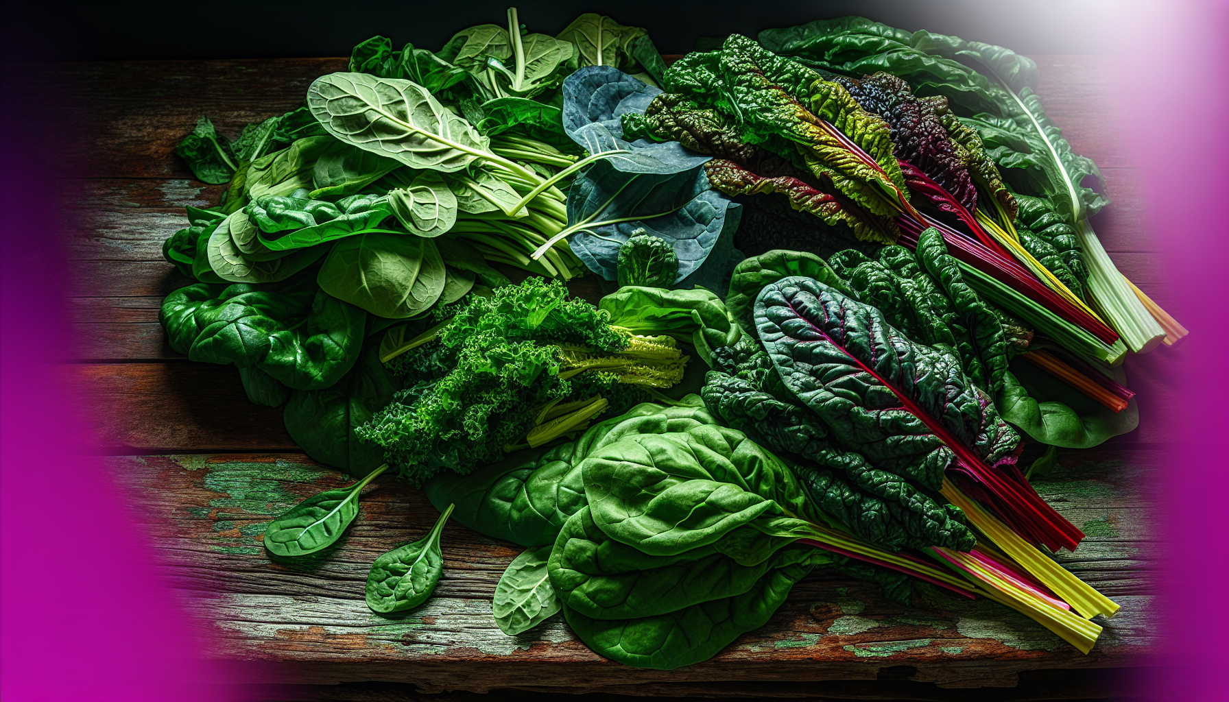 A variety of leafy green vegetables on a wooden table