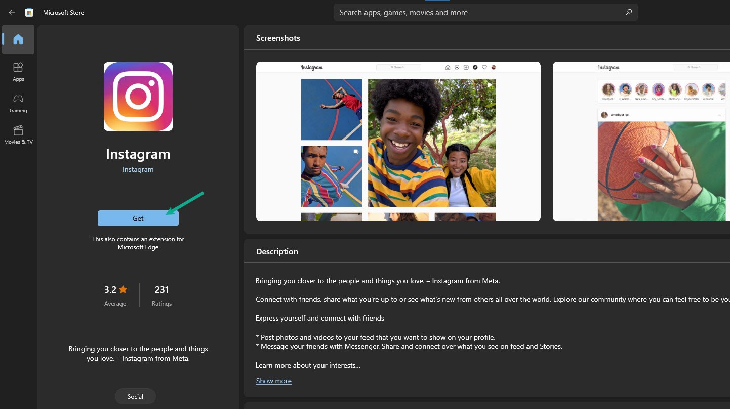 Step 3: Click Get to download and install Instagram app