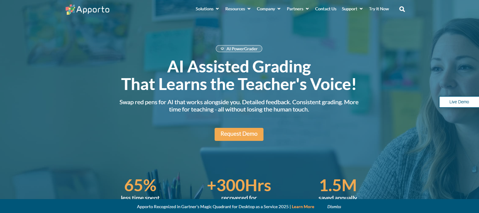 Apporto AI PowerGrader homepage featuring AI-assisted formative assessment with personalized feedback, consistent grading, and teacher-guided evaluation.