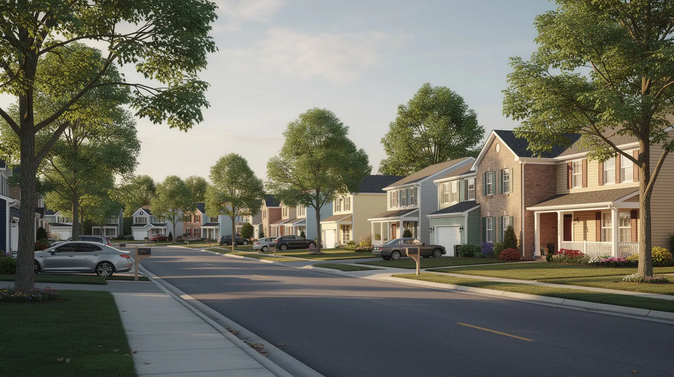 The image depicts a row of charming residential houses situated along a tree-lined suburban street, bathed in the warm glow of the afternoon sun. This scene embodies the essence of real estate investing, showcasing a peaceful neighborhood where families thrive and potential buyers can envision their future homes.