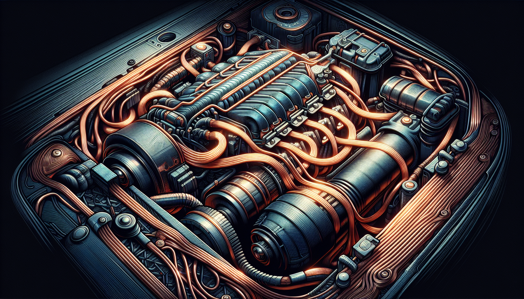 Illustration of essential car components with copper wiring and cooling systems
