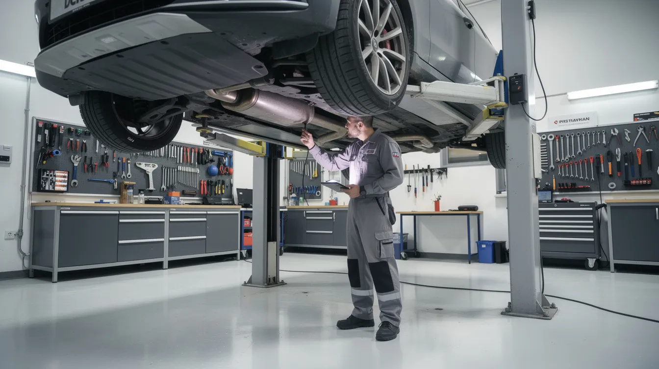 A mechanic inspects a car elevated on a hydraulic lift inside a clean garage, surrounded by tools and equipment, ensuring the vehicle's performance and safety. The organized environment reflects a focus on quality service, similar to a well-planned website migration process that ensures search engines can effectively crawl and index the new site structure.