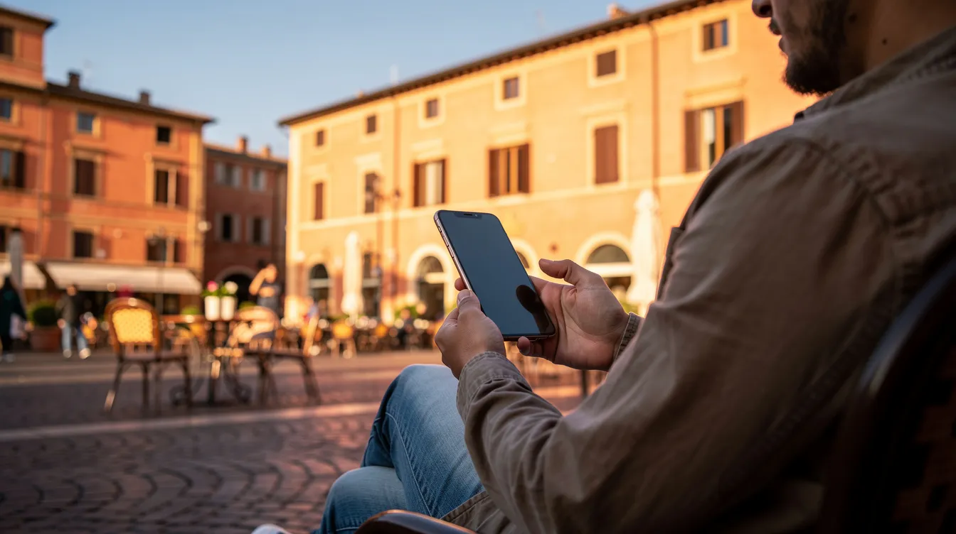 A person is sitting in a sunny European plaza, holding a smartphone, with charming terracotta buildings in the background that evoke the beauty of Spain. The scene captures a relaxed atmosphere, perfect for making international calls or reaching family abroad.