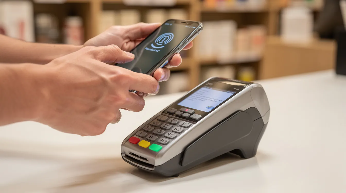 A person is using their smartphone to make a contactless payment at a store checkout terminal, showcasing the convenience of digital wallets like Apple Pay and Google Pay. This mobile payment method allows for secure transactions with a simple tap, eliminating the need for physical cards.