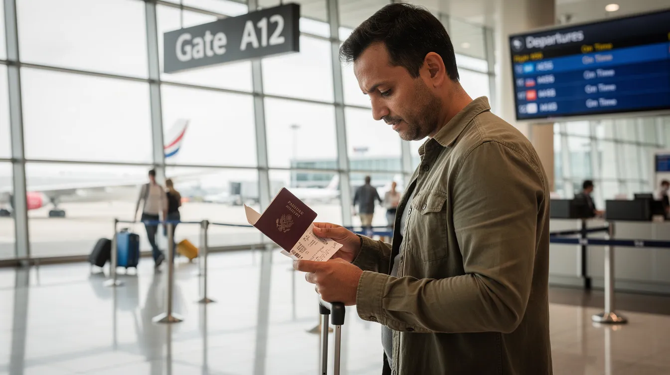 A person is standing at an airport departure gate, checking their valid passport and holding a boarding pass in hand, preparing for their trip as an Irish citizen. The scene captures the anticipation of travel, highlighting the importance of having the necessary documents for a visa-free journey.